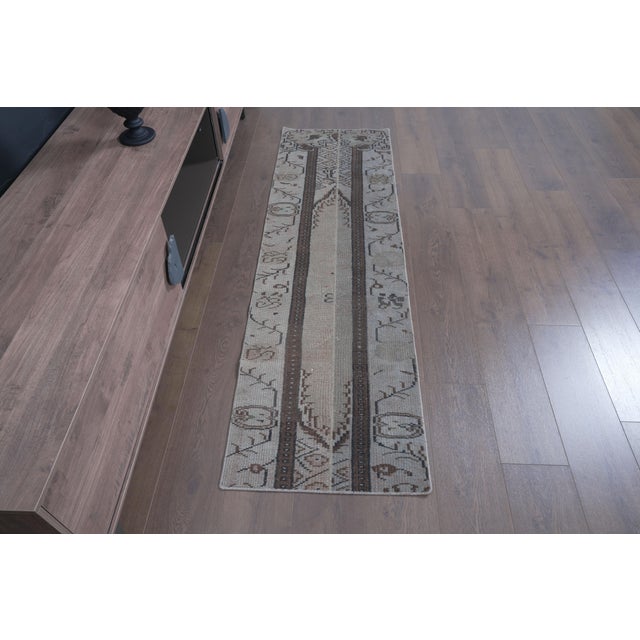 1970s Vintage Handwoven Turkish Runner - Neutral Cream & Brown Striped Rug For Sale - Image 4 of 9