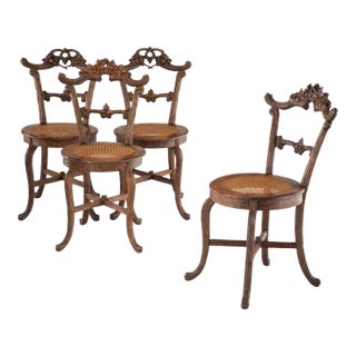 Antique Black Forest Carved Wood German Side Chairs - Set of Four For Sale