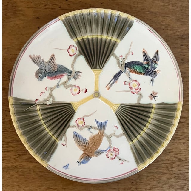 English Wedgwood Argent Fan & Bird Majolica Plate Set of 2, C. 1878 For Sale - Image 3 of 9