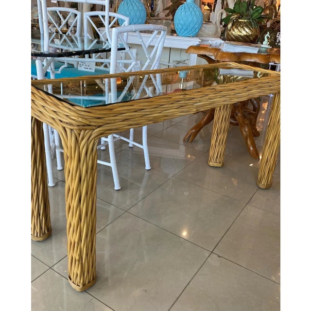 Vintage Palm Beach Twisted Rattan Reed Console Table New Glass Top For Sale - Image 11 of 13