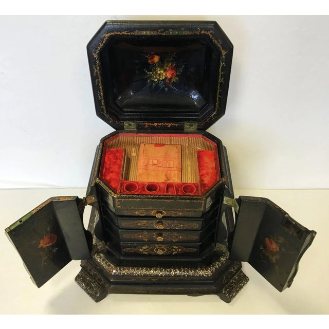 Textile 19th Century Papier Mâché Lacquered Jewelry Box Hand Painted with Inlaid With Mother-Of-Pearl For Sale - Image 7 of 13