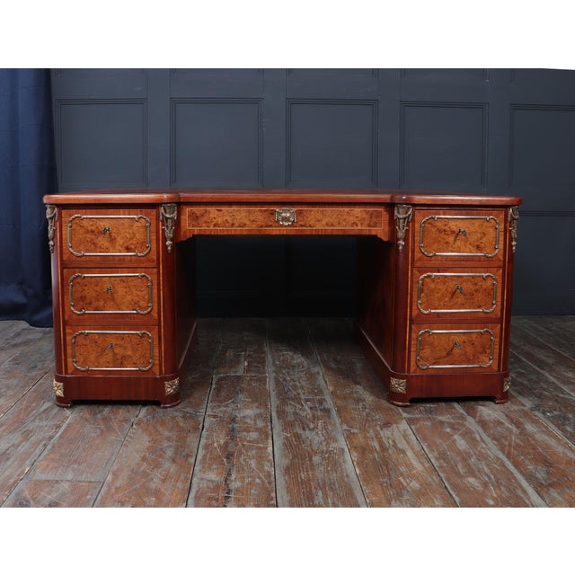 French Burr Walnut Pedestal Desk with Gilt Bronze Ormolu Mounts, 1880s For Sale - Image 10 of 18
