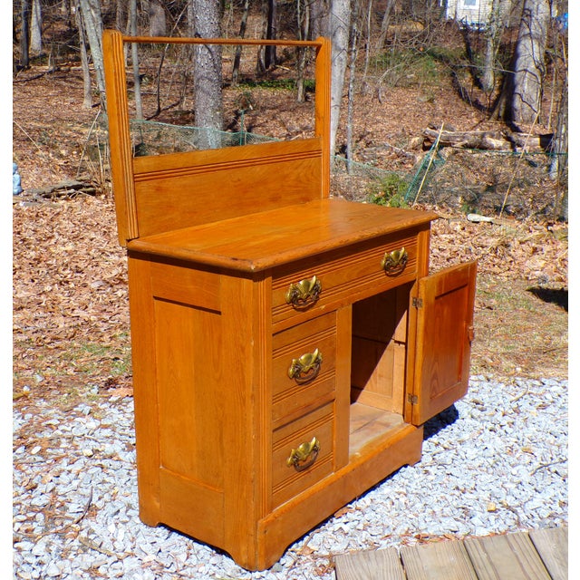 Wood Antique Solid Oak Chest Commode Washstand W/ Towel Bar Country Farmhouse Cabinet For Sale - Image 7 of 18
