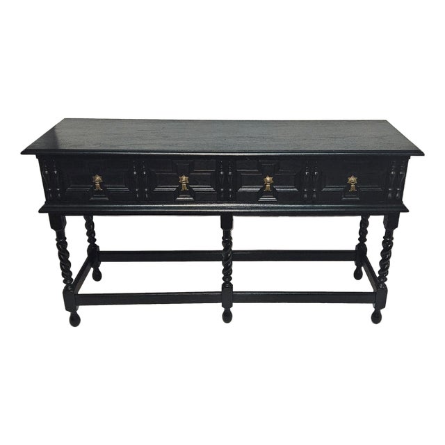 Antique Kittinger Two Drawer Ebonized Oak Jacobean Style Sideboard / Console Table For Sale
