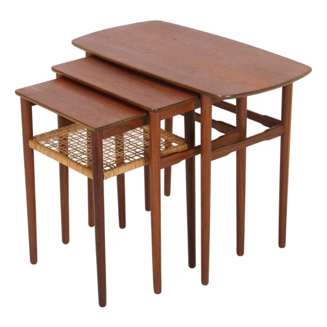 Mid-Century Danish Teak Nesting Tables with Rattan Shelves, 1960s, Set of 3 For Sale