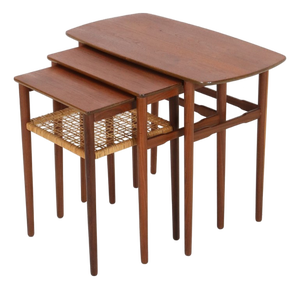 Mid-Century Danish Teak Nesting Tables with Rattan Shelves, 1960s, Set of 3