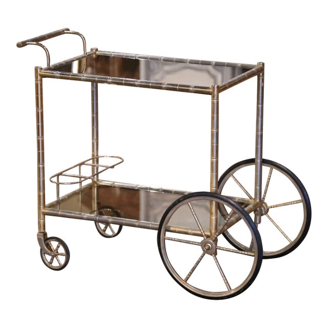 Early 20th Century French Silvered Brass Faux Bamboo Bar Cart Bagues Style For Sale