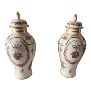Pair of 19th Century Dresden Thieme Potschappel Floral Porcelain Vases Urns With Lids