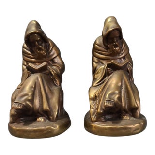 Pair of Vintage Arts & Crafts Bookends Bronze Clad Monks Reading For Sale