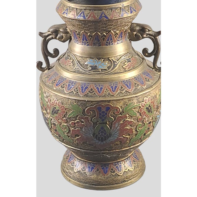 Vintage 1940s Japanese Cloisonné Champlevé Bronze Vase, Marked For Sale - Image 9 of 12
