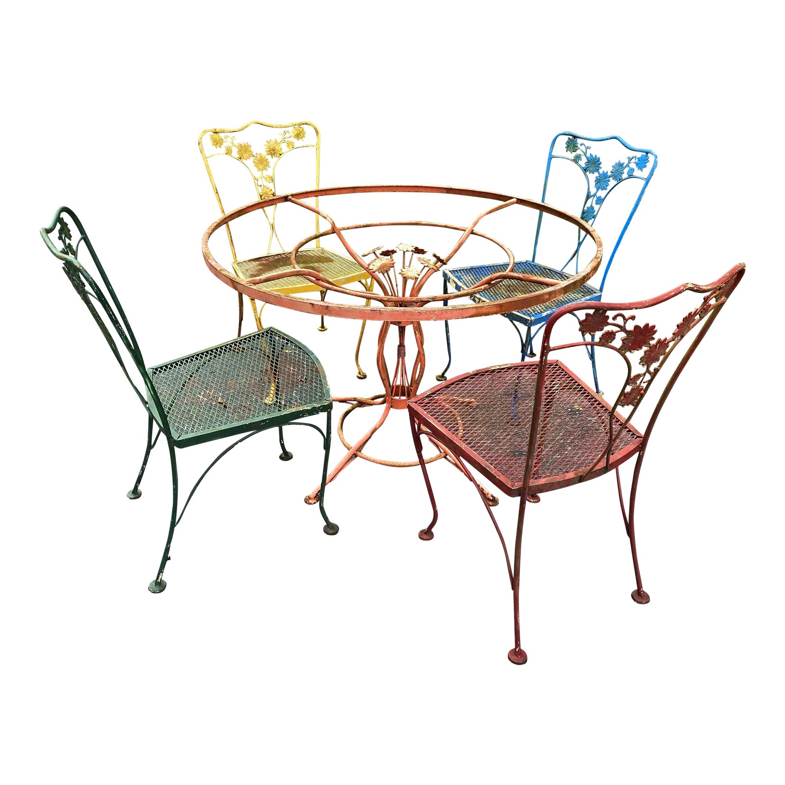 Woodard Wrought Iron Patio Table with Flower Center & 4 Chairs Chairish