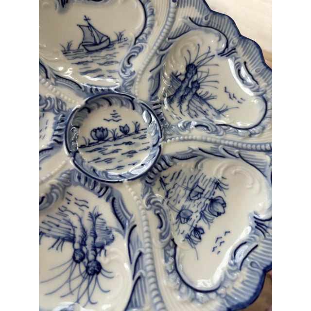 Blue 1950s Hand-Painted Weimar Germany Blue & White Oyster Plates | Complete Matched Grandmillenial Collection - Set of 12 For Sale - Image 8 of 12