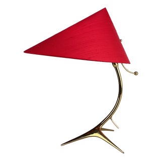 Table Lamp with Golden Crows Foot and Newly Upholstered Red Silk Shade by J. T. Kalmar, 1950s For Sale