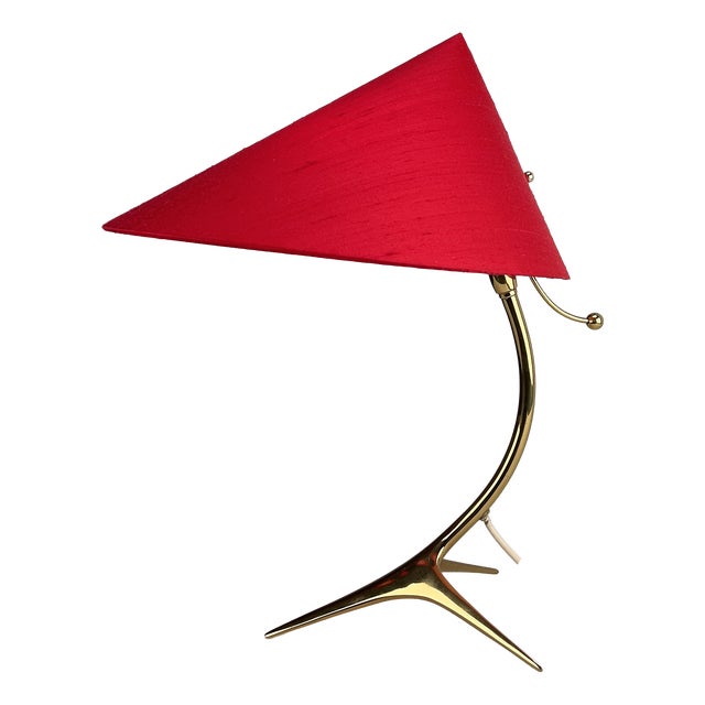 Table Lamp with Golden Crows Foot and Newly Upholstered Red Silk Shade by J. T. Kalmar, 1950s For Sale