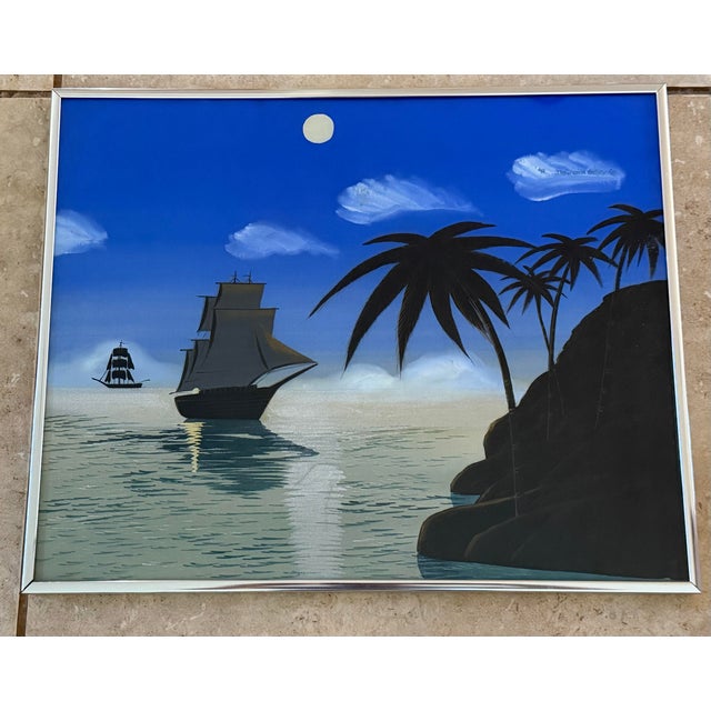 Vintage Mid-Century Japanese Scenic Silk Paintings in Steel Frames, Pair For Sale - Image 4 of 12