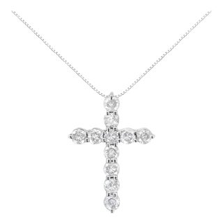 .925 Sterling Silver 1.0 Cttw Prong Set Round-Cut Diamond Cross 18" Pendant Necklace (I-J Color, I2-I3 Clarity) For Sale