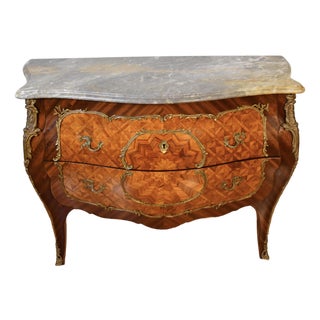 1930s French Louis XV Walnut & Marble Top Commode / Dresser / Chest of Drawers For Sale