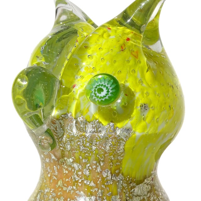 Murano Vintage Murano Owl Yellow Silver Flecks Green Eyes Murrines Italian Art Glass Paperweight Figurine Sculpture For Sale - Image 4 of 9