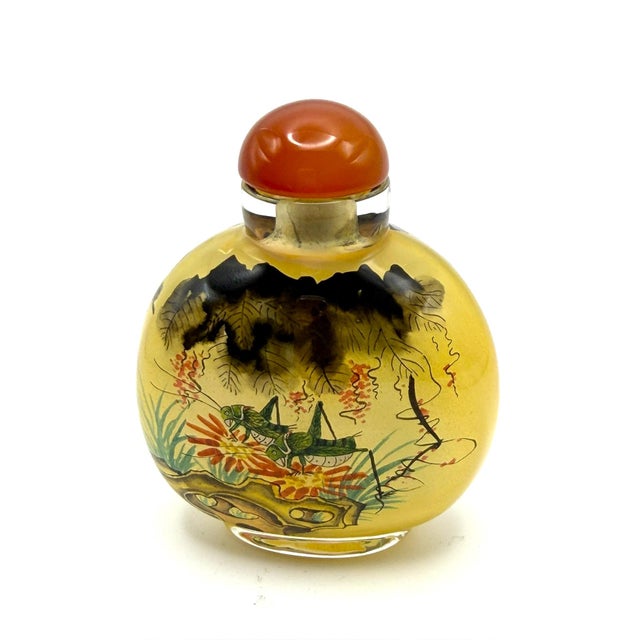 Yellow Beautifully Painted Inside Painted Snuff Bottle With Praying Mantis and Grasshoppers For Sale - Image 8 of 16
