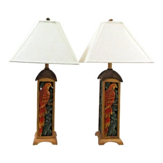 Matched Pair of Parrot Motif Table Lamps With Custom Linen Shades Attributed to Tommy Bahama For Sale
