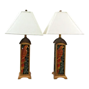 Matched Pair of Parrot Motif Table Lamps With Custom Linen Shades Attributed to Tommy Bahama