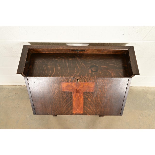 Stickley Brothers Style Antique Mission Oak Arts & Crafts Drop Front Secretary Desk With Inlaid Marquetry, Circa 1910 For Sale - Image 13 of 16