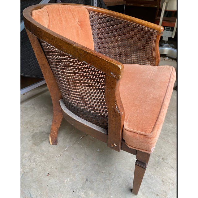 Wood Vintage Dusty Rose Upholstered Cane Back Barrel Accent Chair For Sale - Image 7 of 11