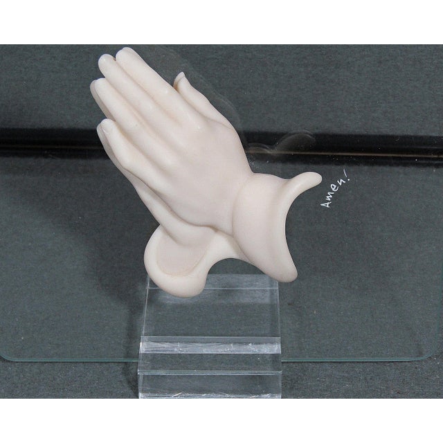 White Vintage 3-D Praying Hands Sculpture on Glass Panel With Acrylic Stand For Sale - Image 8 of 8