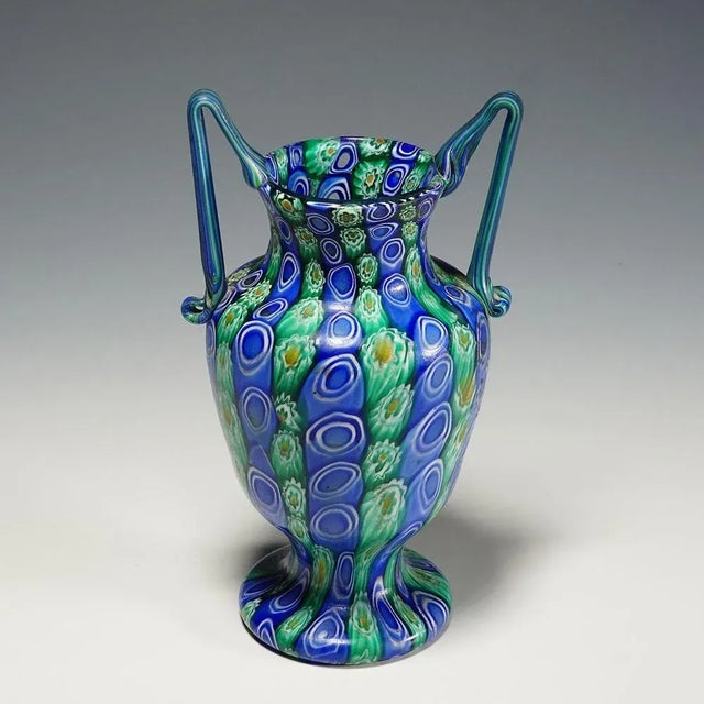 Blue Large Antique Millefiori Vase with Handles from Toso Murano Brothers, 1910 For Sale - Image 8 of 11