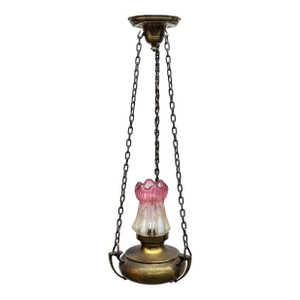 Early 1900’s Brass Fixture With Pink Iridescent Ruffled Shade