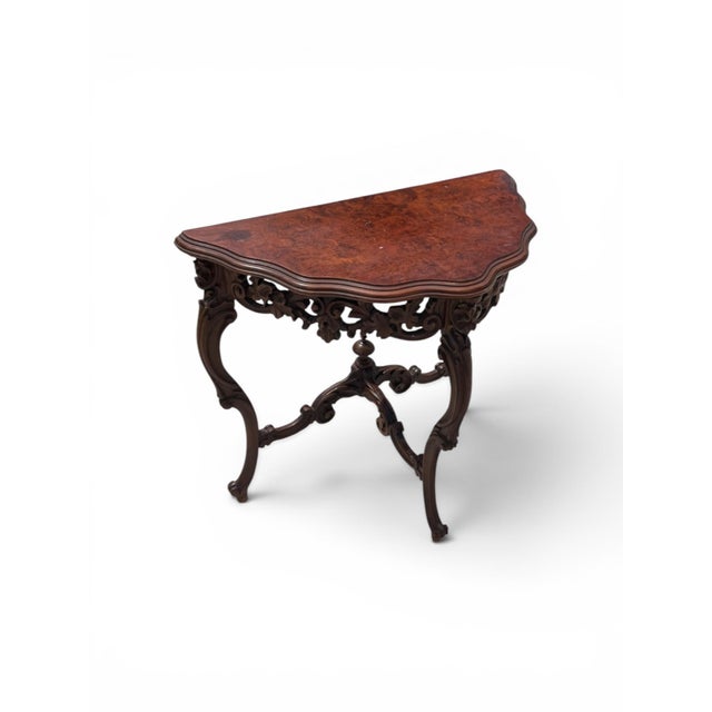 1940s Pair of Antique Rococo Revival Carved Walnut Burl Veneer Half Round Moon Tables For Sale - Image 5 of 12