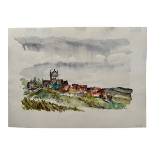 Henry Emil Salloch Original Watercolor on Paper Picturesque Hilltop Village, 1972. For Sale