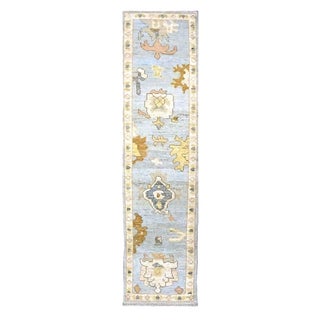 21st Century Turkish Oushak Wool 2x10 Light Blue, Yellow & Ivory Handmade Runner Rug #1144116 For Sale