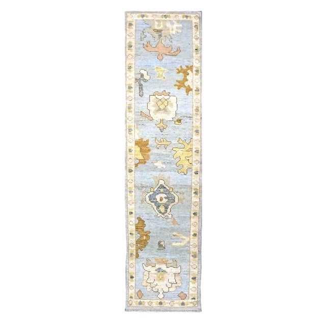 21st Century Turkish Oushak Wool 2x10 Light Blue, Yellow & Ivory Handmade Runner Rug #1144116 For Sale
