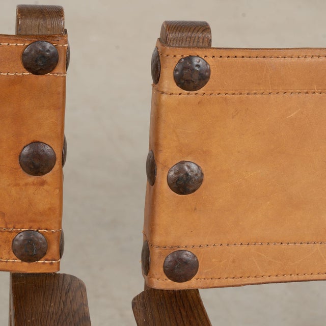 Wood Pair of Mid-Century Spanish Brutalist Cognac Leather Arm Chairs For Sale - Image 7 of 17