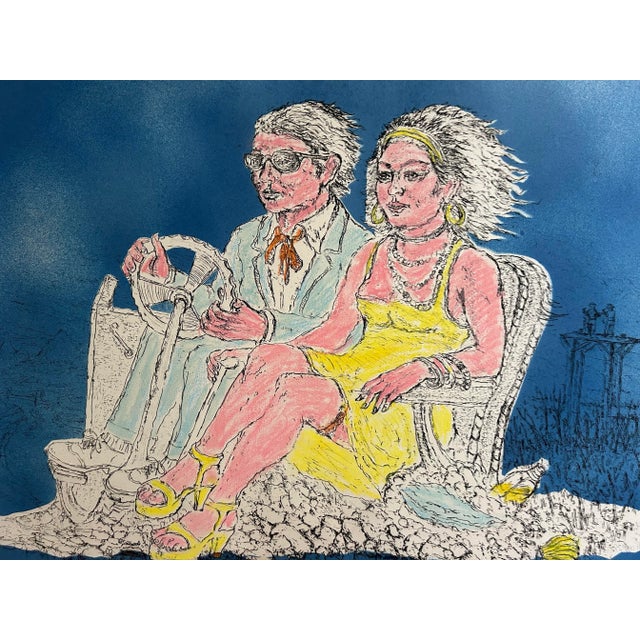 Surrealism Large Vintage Original Hand Colored Etching of a Man and Woman in Car For Sale - Image 3 of 6
