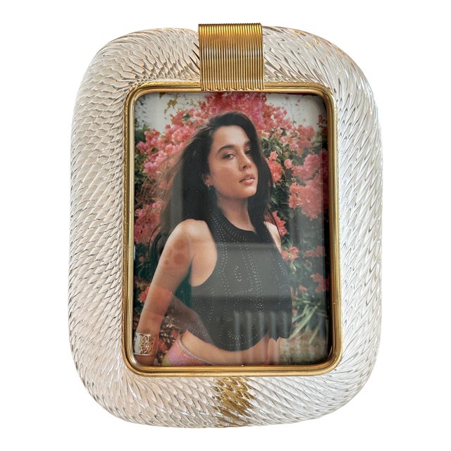 Mid-Century Modern Transparent “Torchon” Murano Glass Picture Frame and Unaquered Brass For Sale