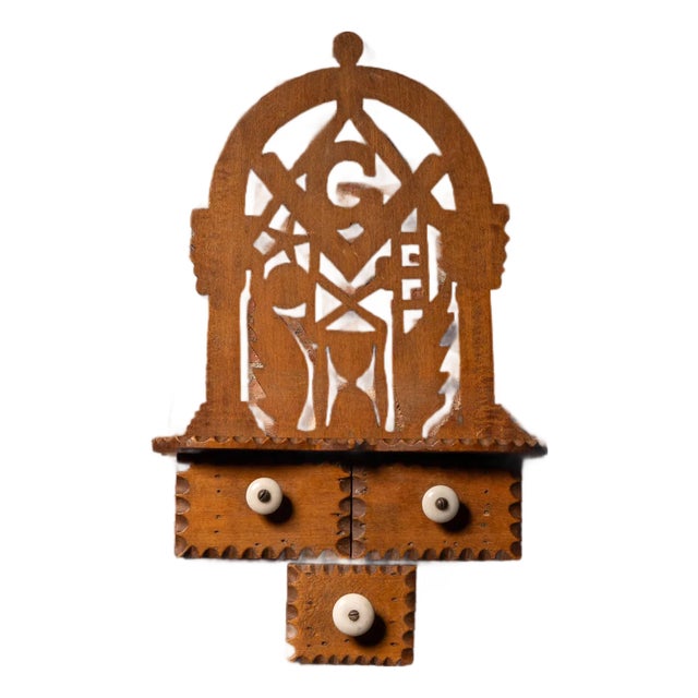 Antique Masonic Folk Art Wall Cabinet With Drawers For Sale