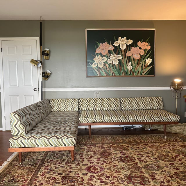 1960s 1960s Sectional Sofa | Double Sofa Beds | Walnut & Chevron Upholstery For Sale - Image 5 of 16