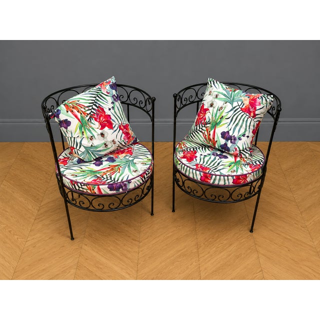 Vintage Wrought Iron Chairs with Tropical Pattern Cushions, 1970s, Set of 2 For Sale - Image 6 of 6