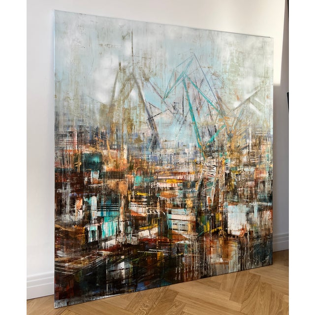 Stocznie (2024) is a monumental mixed-media painting by Nicolas Prettau, executed in acrylic, oil, and high-density glaze...
