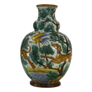 1900s Large Ceramic Vase Majolica Italian WITH 3 DOG & BIRDS Made Italy Neo-Classic For Sale