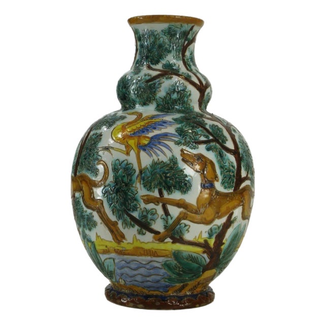 1900s Large Ceramic Vase Majolica Italian WITH 3 DOG & BIRDS Made Italy Neo-Classic For Sale