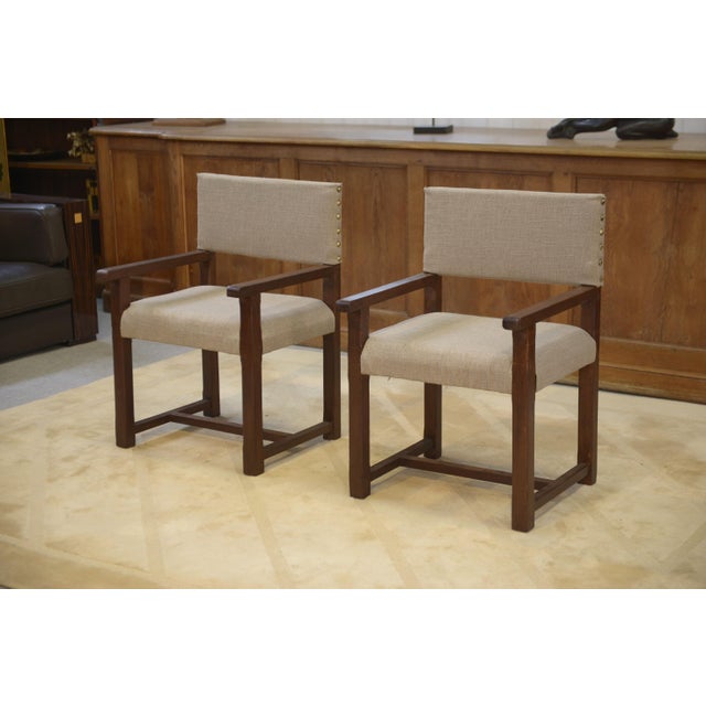 Brown Upholstered Oak Armchairs, 1950s, Set of 2 For Sale - Image 8 of 12
