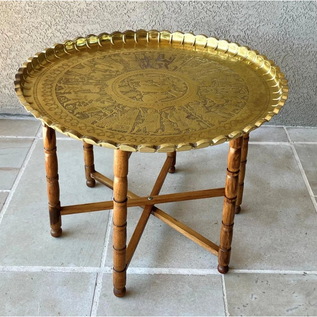 Mid 20th-Century Persian Qajar-Inspired Design Brass Chased & Repoussé Charger Tray Top Accent or Coffee Table For Sale - Image 17 of 17