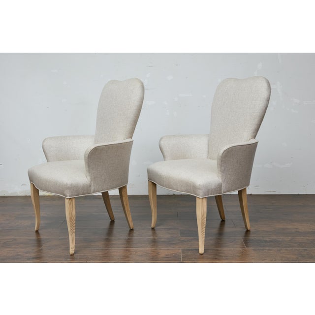 Wood Pair of French Midcentury Armchairs with Linen Upholstery, Curved Tapered Legs For Sale - Image 7 of 12