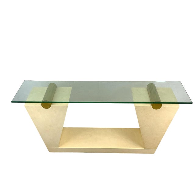 Mid-Century Modern Vintage Modern Parchment-Style Console Table With Glass Top and Brass Accents For Sale - Image 3 of 18