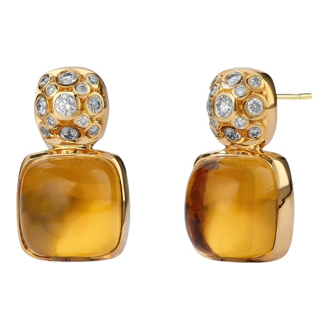 Syna Yellow Gold Sugarloaf Earrings with Citrine and Diamonds, a Pair For Sale
