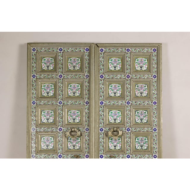 Green Pair of Antique Indian Decorative Panels with Painted Tin Insets For Sale - Image 8 of 18