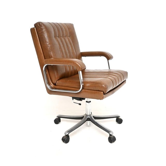 Mid-Century Modern Vintage Leather and Chrome Swivel Desk Chair, 1970 For Sale - Image 3 of 11